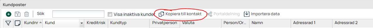 Customer records list with Copy to Contact highlighted