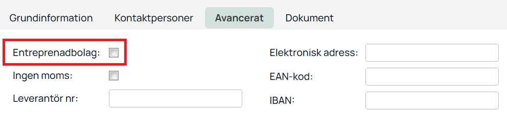 Avancerat-flik med fält för entreprenadbolag och betalningsinformation