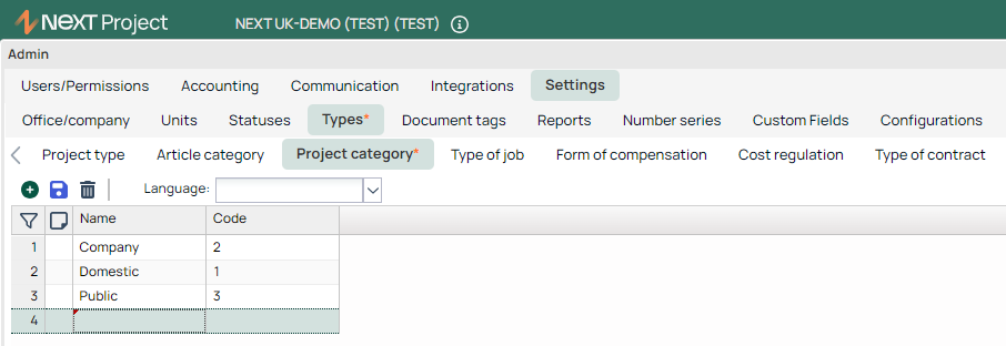 Admin Settings — Project Category types list
