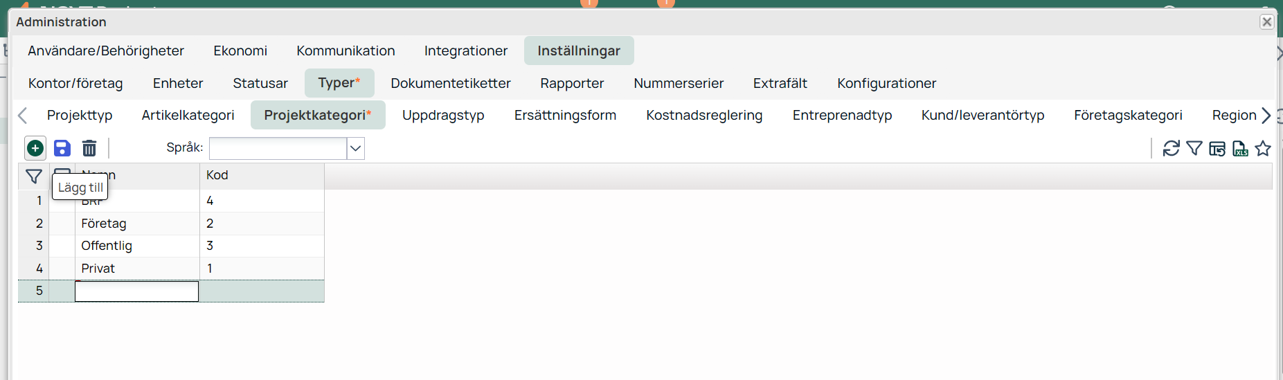 Administration — Inställningar, Typer, Projektkategori lista