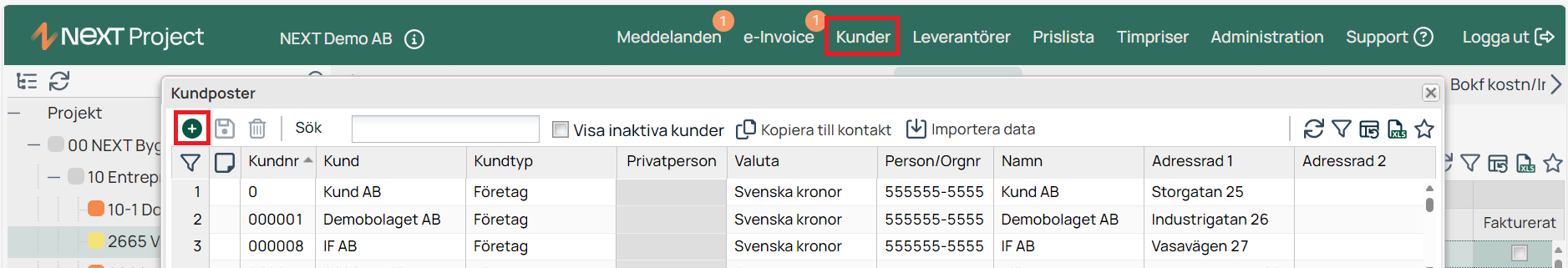 Kundposter — lista över kunder i NEXT Project