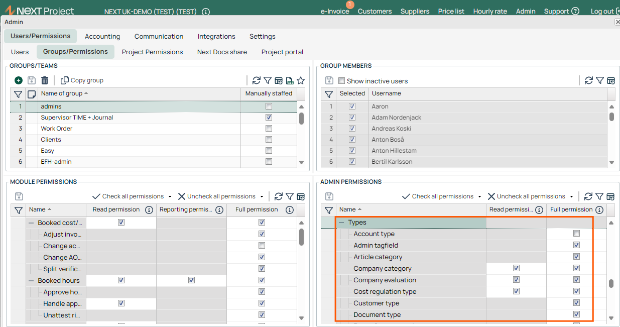 Admin — Groups/Permissions with Module and Admin Permissions