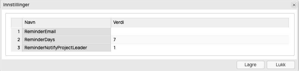Innstillinger-dialog med påminnelsesrelaterte systemvariabler