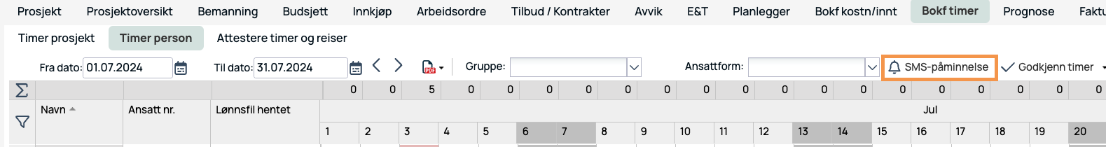 Bokførte timer per person — juli 2024 med SMS-påminnelse