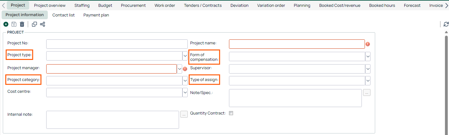 Project — New Project Information form with required fields highlighted