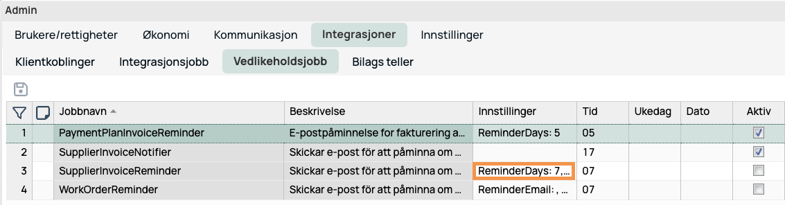Admin — Integrasjoner, Vedlikeholdsjobb-liste med jobbinnstillinger