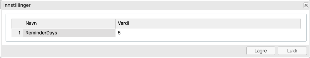 Innstillinger-dialog med ReminderDays-parameter