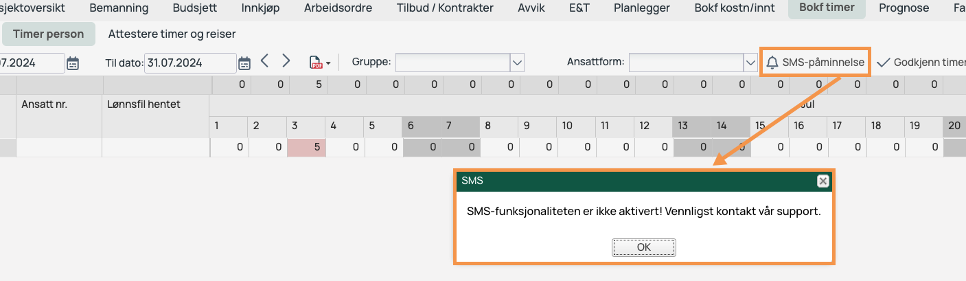 Bokf timer — SMS-påminnelse ikke aktivert advarsel