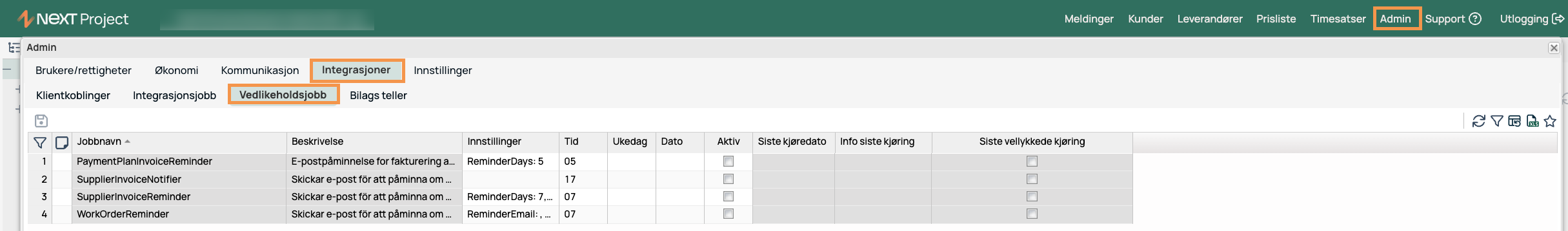 Admin — Integrasjoner — Vedlikeholdsjobb oversikt