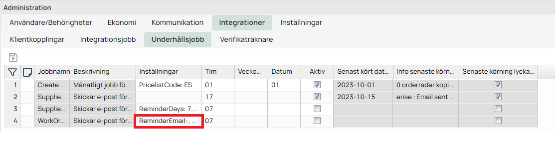 Administration — Underhållsjobb list view