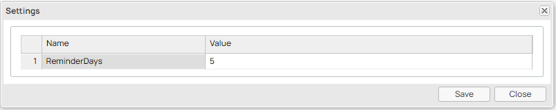 Settings dialog med ReminderDays konfiguration
