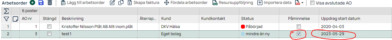 Arbetsorder-liste med påminnelse og startdato markert