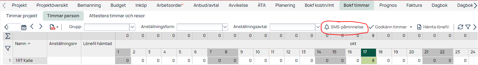 Bokf timmar — Timmar person tab with SMS-påminnelse highlighted