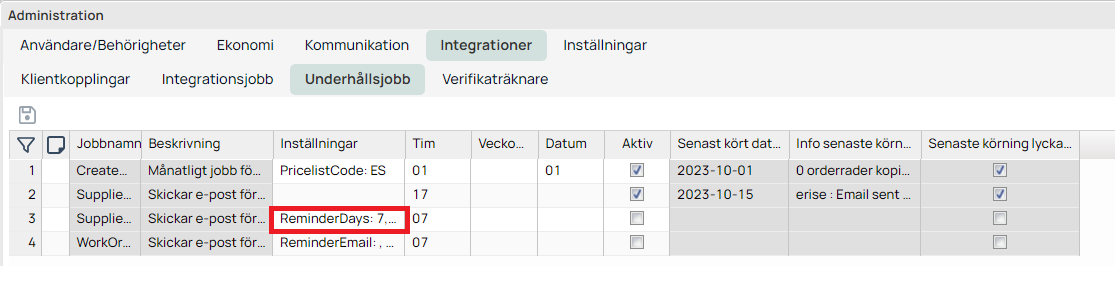 Administration — Underhållsjobb list view
