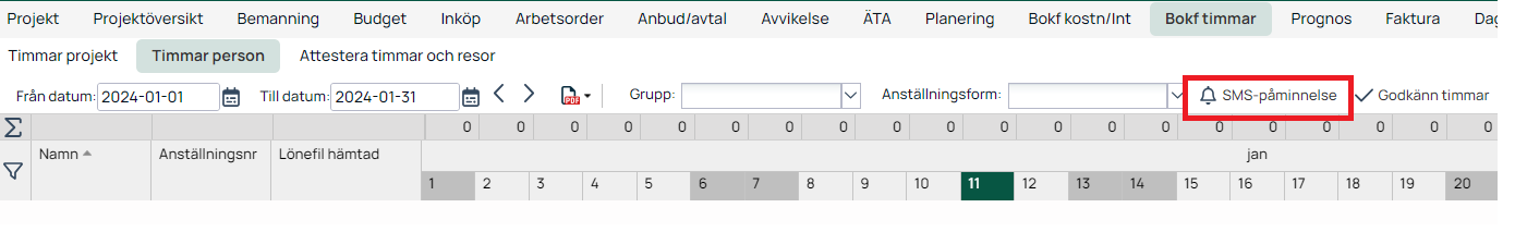 Bokf timmar — Timmar person med SMS-påminnelse markerad