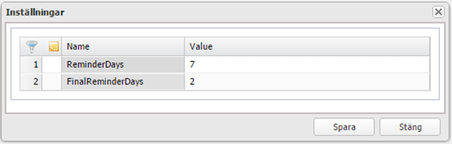Settings dialog — Reminder days configuration