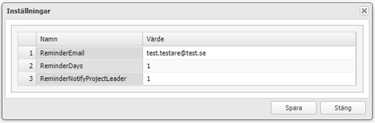 Settings dialog with reminder configuration fields