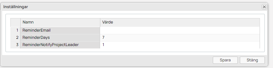 Inställningar-dialog med påminnelserelaterade systemparametrar