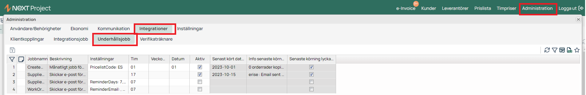 Administration — Integrationer, fliken Underhållsjobb med jobblista