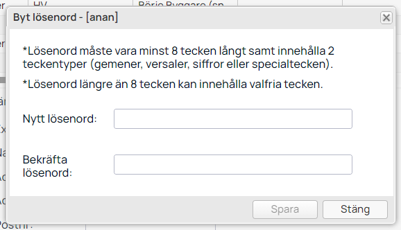 Dialog för att byta lösenord med lösenordskrav