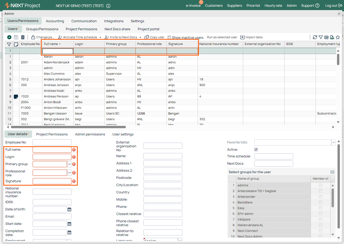 Admin — Users list with new user form