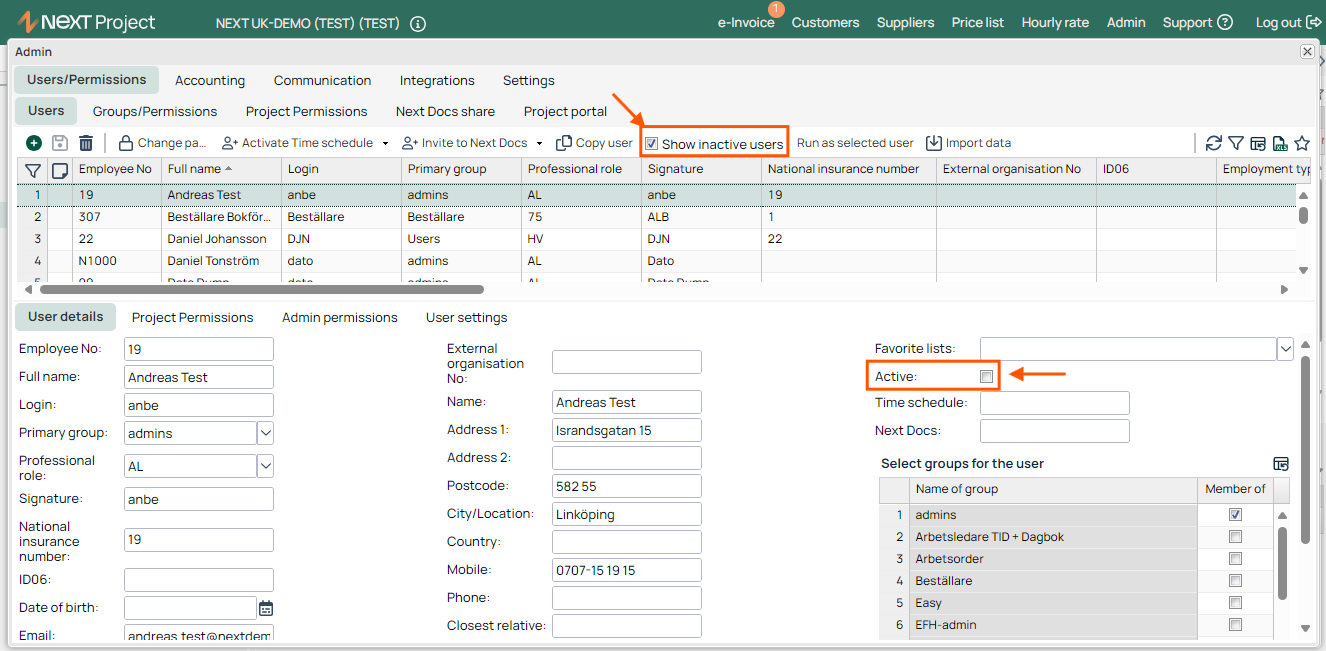 Admin — Users list with inactive users toggle highlighted