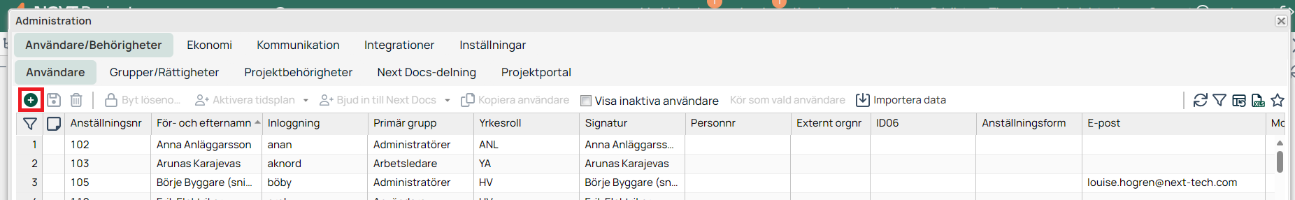 Administration — Användare och behörigheter, användarlista