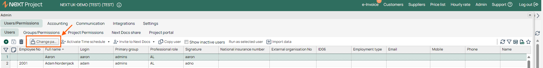 Admin — Users/Permissions Users list view