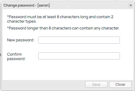 Change Password dialog for user account
