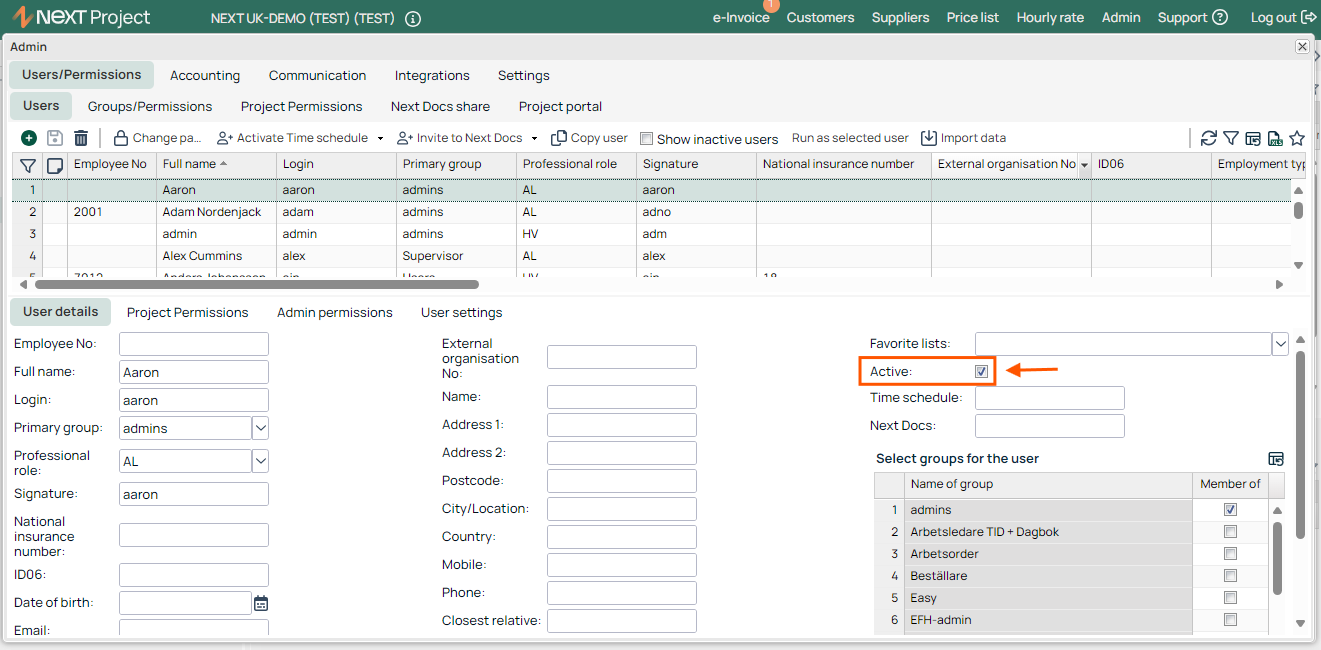 Admin — Users/Permissions user details panel