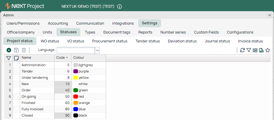 Admin Settings — Project Status list with colour codes