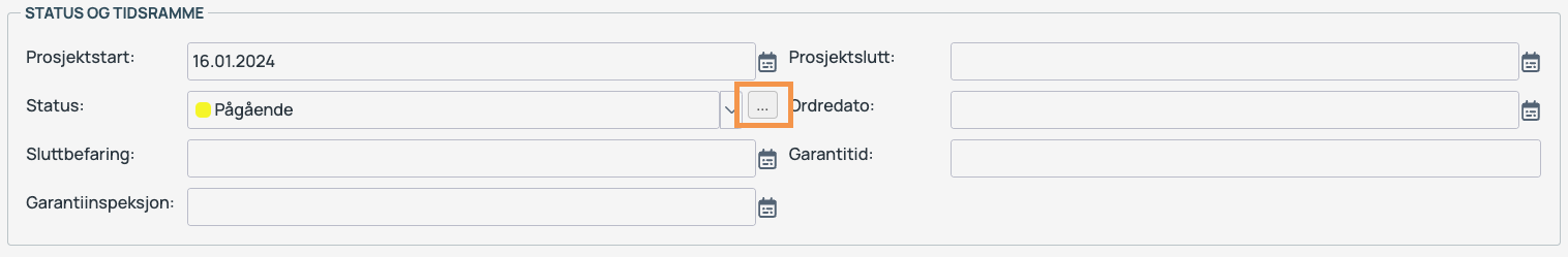 Status og tidsramme — prosjektdatoer og statusfelt