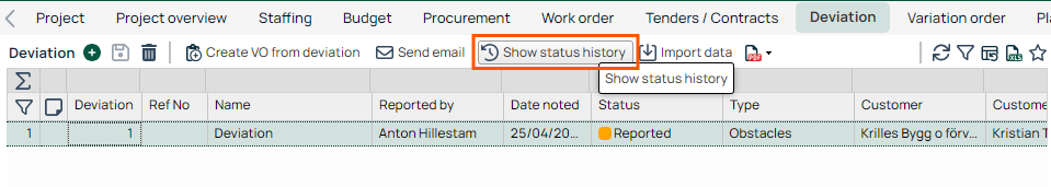 Deviation list with Show Status History highlighted