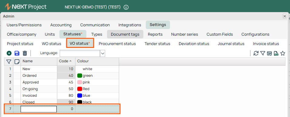 Admin Settings — VO Status list with new row
