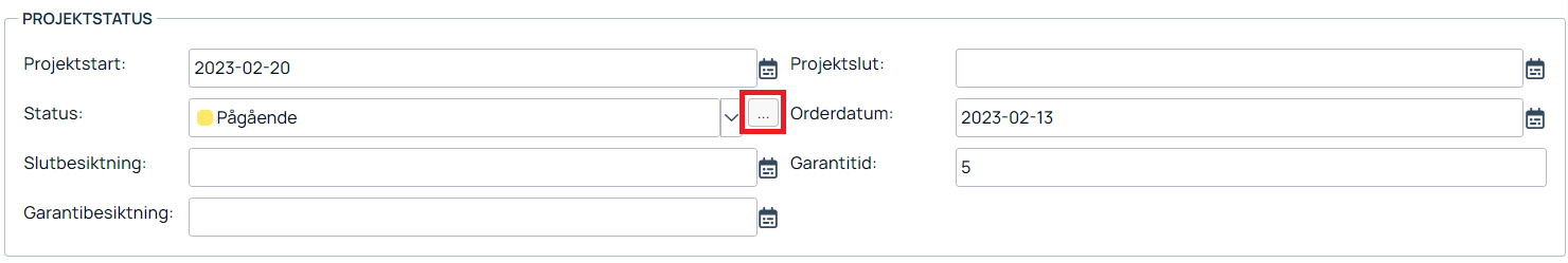 Projektstatus-sektion med datum- och statusfält