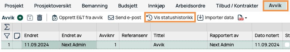 Avvik-liste med statushistorikk-knapp markert