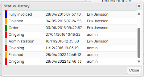 Status History dialog showing order status changes