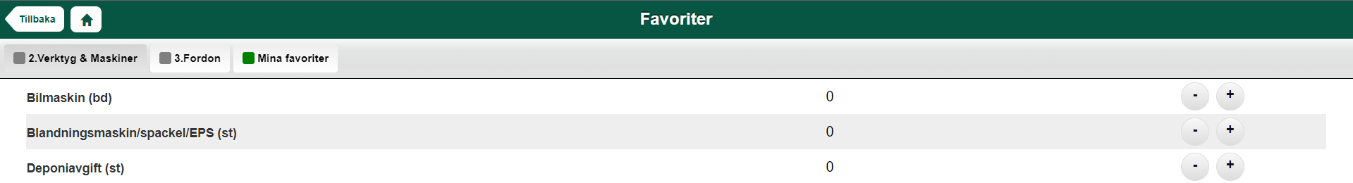 Favorites — equipment quantity selection screen