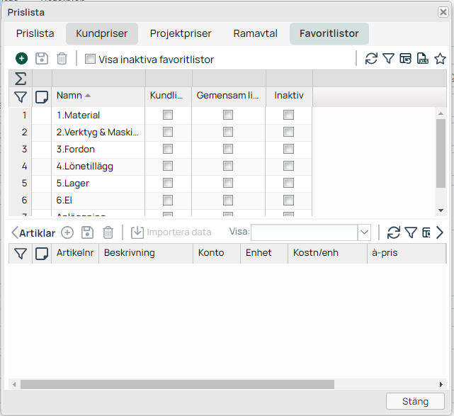 Prislista — Favoritlistor tab with category list