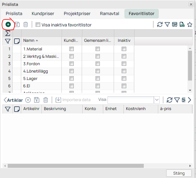 Prislista — Favoritlistor tab with list overview