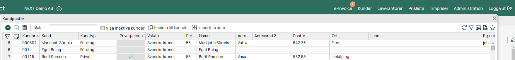 Aceve — Kundposter customer list view