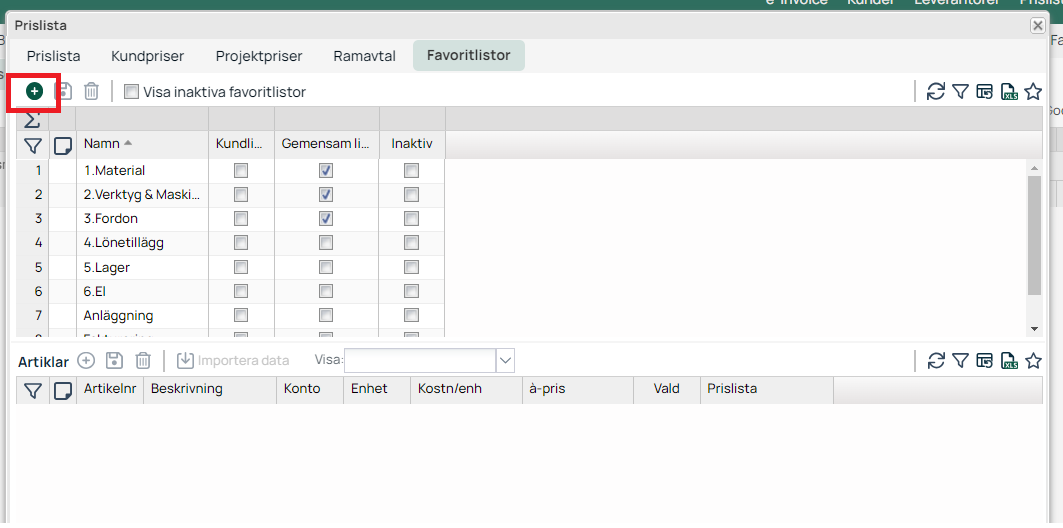 Prislista — fliken Favoritlistor med artikellista nedtill