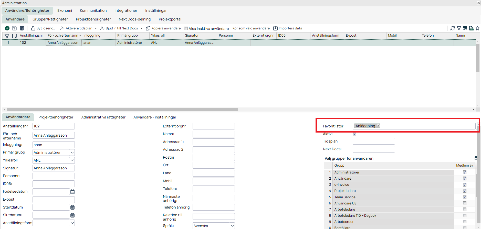 Administration — User Data tab with Favoritlistor highlighted