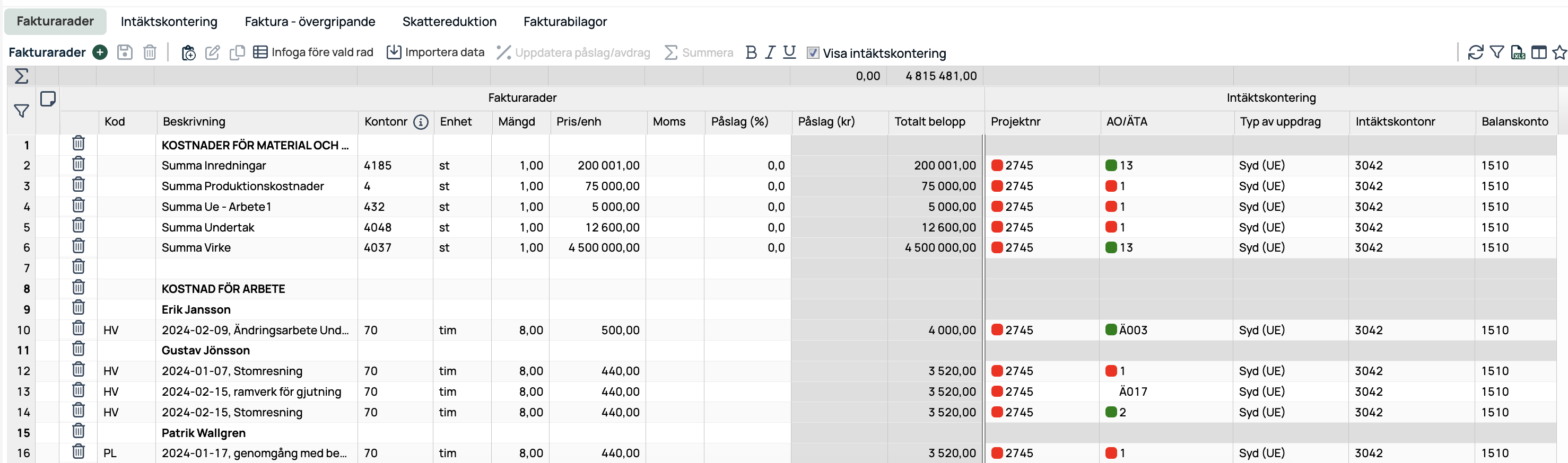 Invoice lines with revenue posting — business system