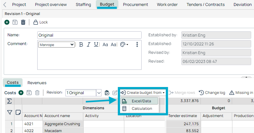 Budget — Create Budget From dropdown menu open