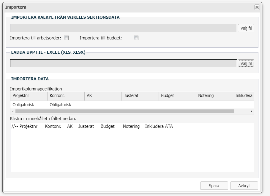 Importera-dialog med kalkyl, Excel-fil och dataimport