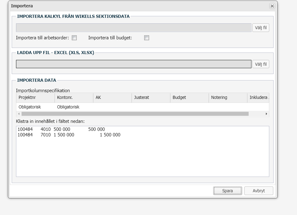 Importera-dialog med kalkyl, Excel-uppladdning och dataklistring