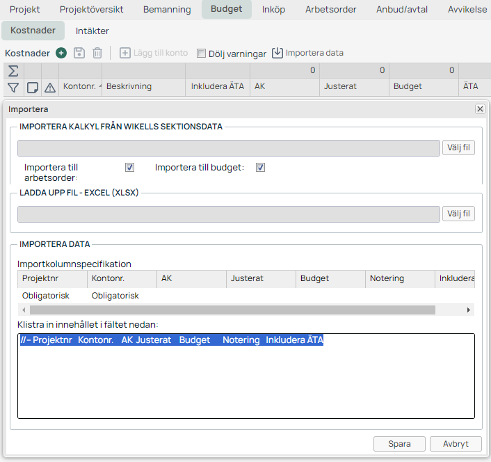 Budget — Importera data-dialog med kalkyl och Excel-alternativ