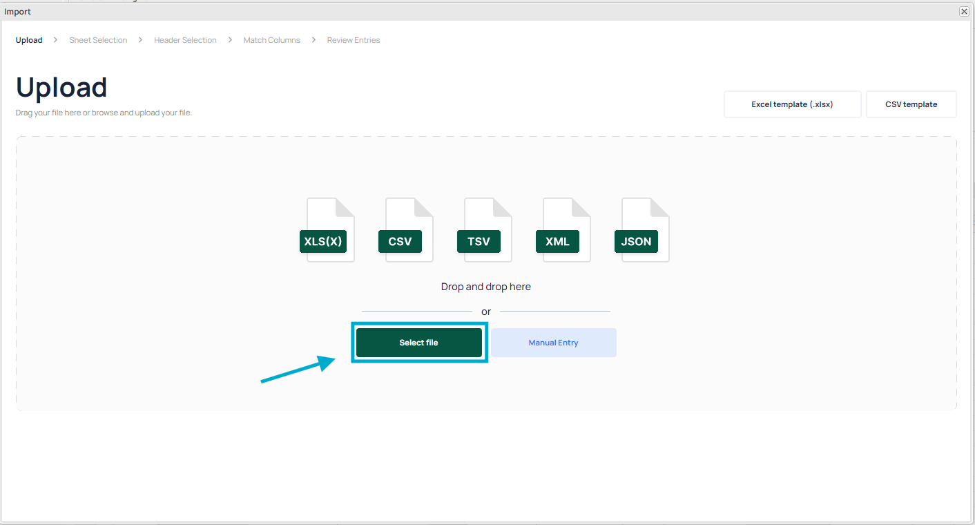 Import dialog — Upload step with file selection