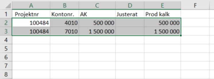 Excel-export med projektnummer, kontonummer och kalkyler
